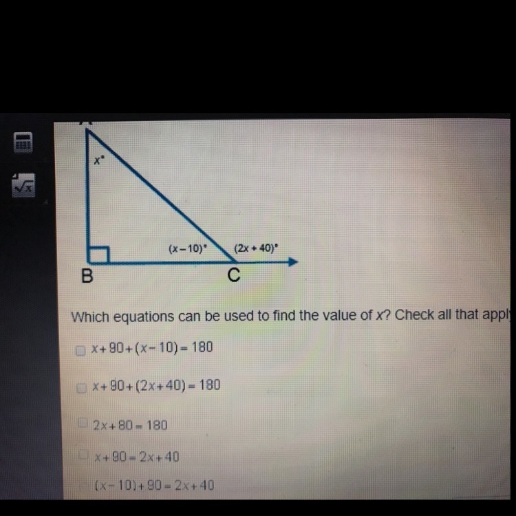 HELP ASAP!! NO WORK NEED!!Triangle ABC is a right triangle. Which equation can be-example-1