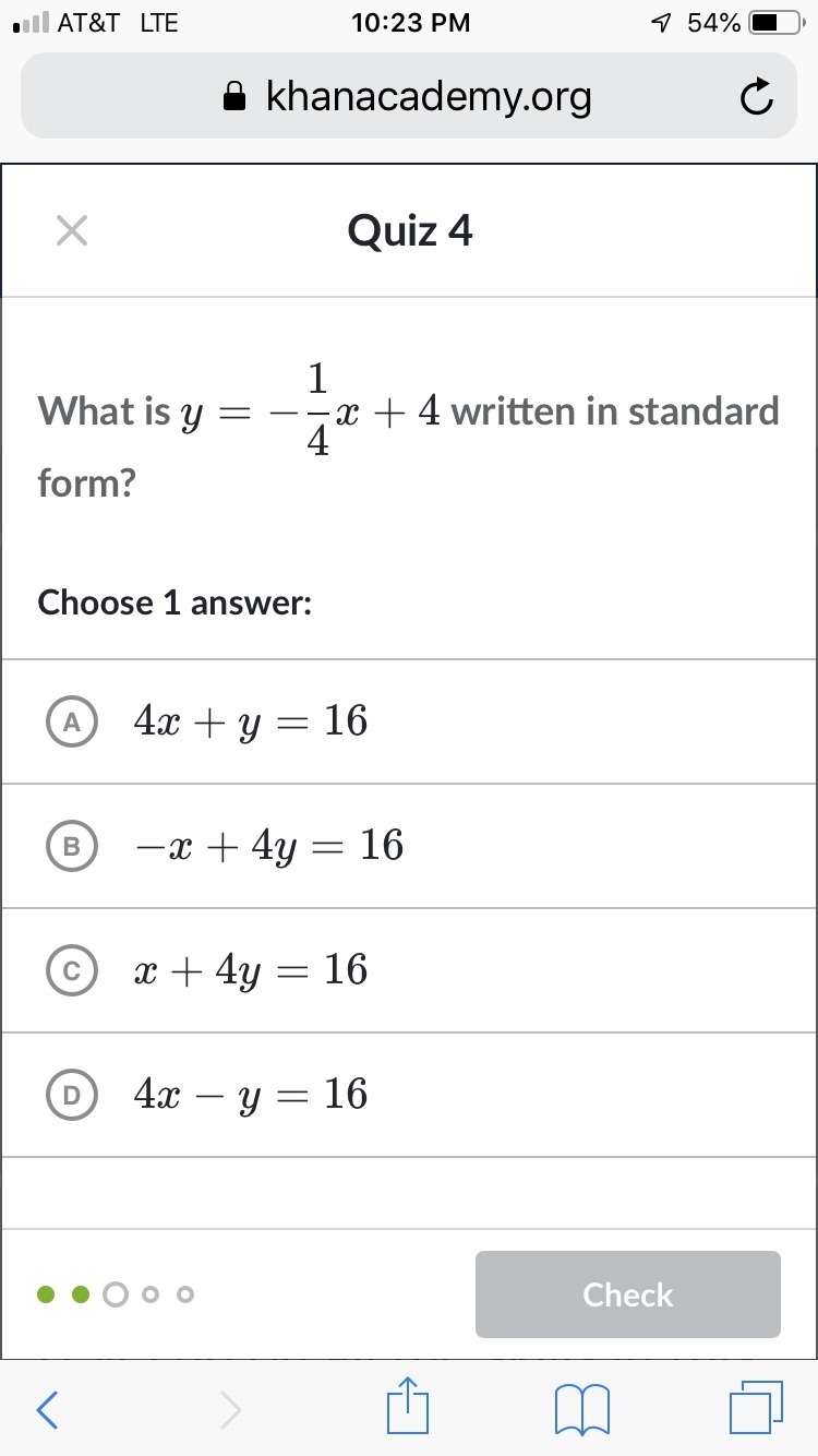 What is y = -1/4x +4 written in standard form?-example-1