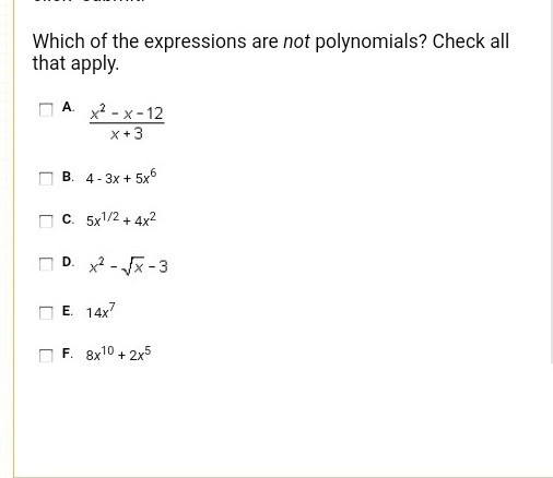 Which are NOT POLYNOMIALS ??-example-1