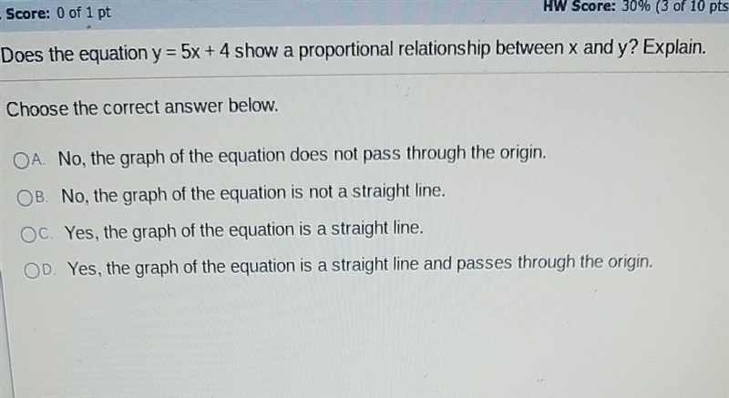 Does the equation y= 5x+4 show a proportional relationship between x and y-example-1