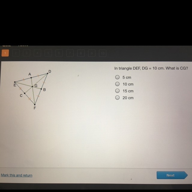 In the triangle DEF, DG = 10 cm. What is CG?-example-1