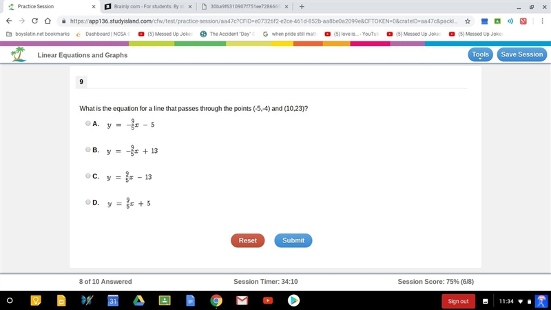 What is the equation for a line that passes through the points (-5,-4) and (10,23)?-example-1