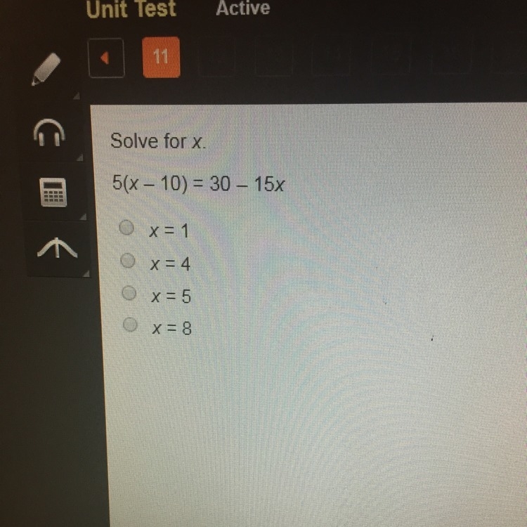 Solve for x. 5(x-10)=30-15x-example-1