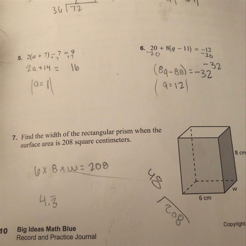 Find the width of the rectangular prism when the surface area is 208 centimeters-example-1