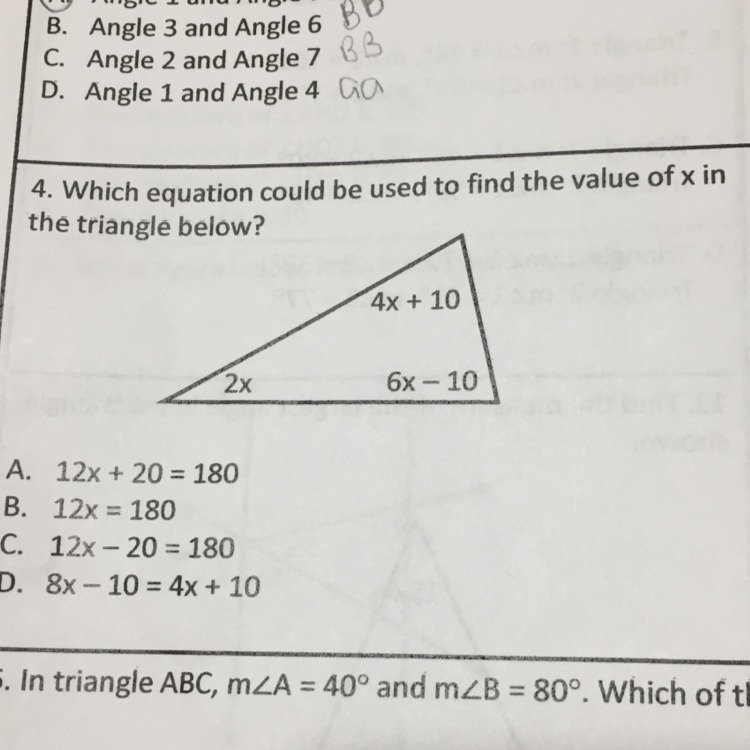 Which equation could be used to find the value of X in the triangle-example-1