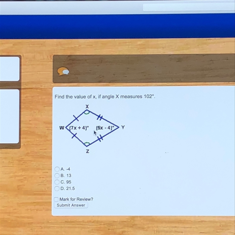 Find the value of x, if angle x measures 102 degrees-example-1