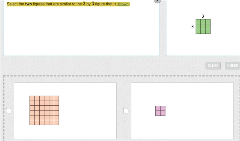 Select the two figures that are similar to the 3 by 3 figure that is shown.-example-1