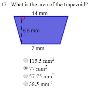 . What is the area of the trapezoid? A. 115.5 mm2 B. 77 mm2 C. 57.75 mm2 D. 38.5 mm-example-1