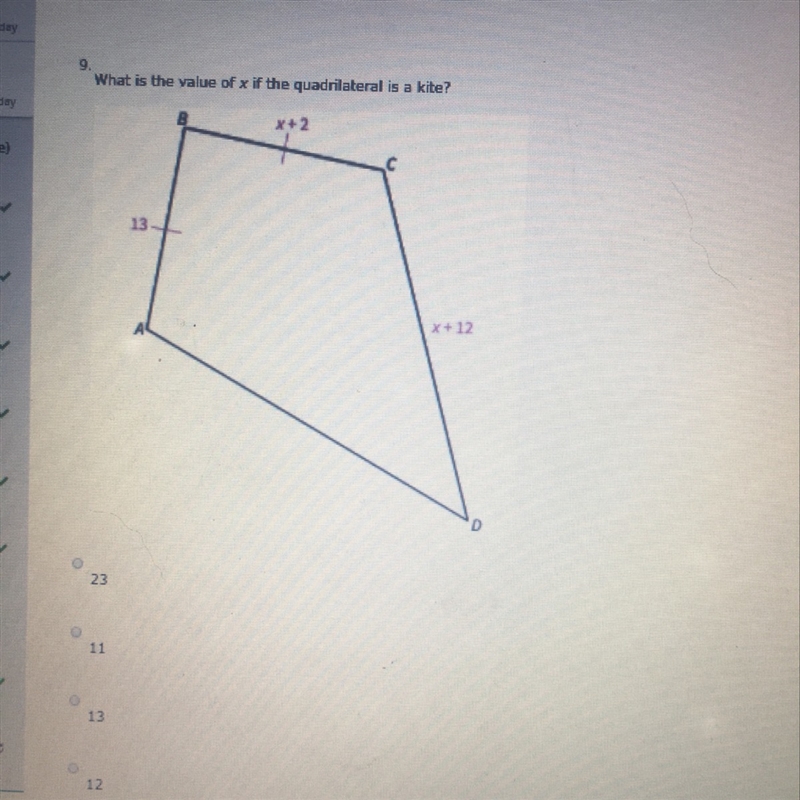 Wha is the value of x if the quadrilateral is a kite-example-1