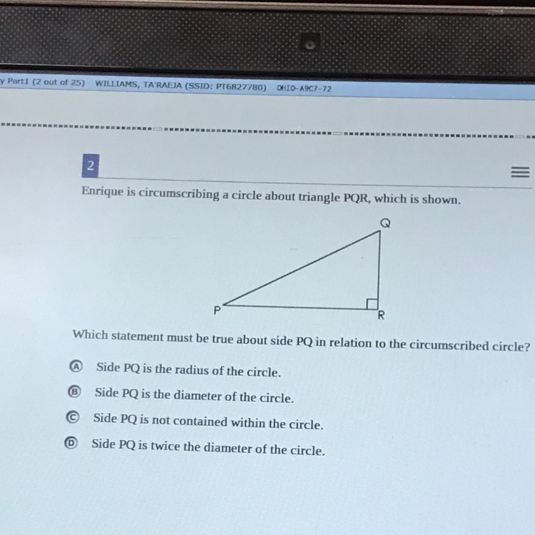 Which statement is true about PQ in relation to the circumscribed circle ?-example-1