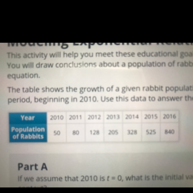 What equation best models this data?(use y to represent the population of rabbits-example-1