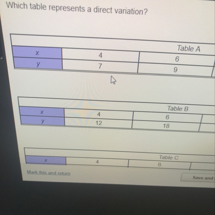 Which table represents a direct variation-example-1