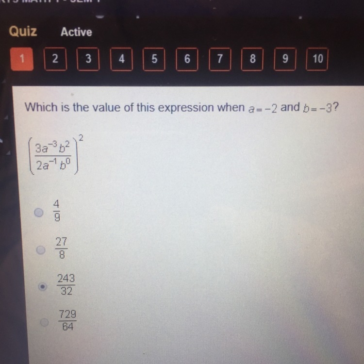 Which is the value of this expression when a=-2 and b=-3-example-1