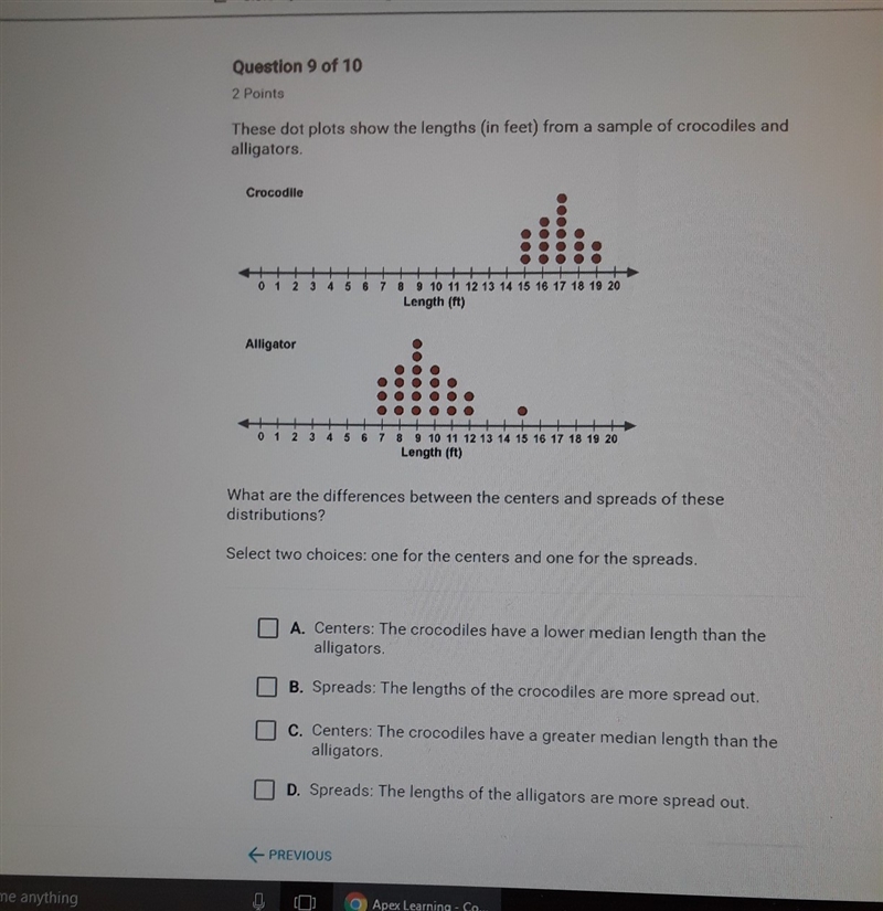 These dot plox show the lenghs (in feet) from a sample of crocodiles and allogators-example-1