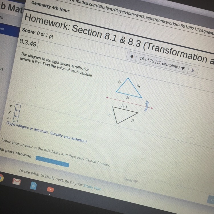 The diagram to the right shows a reflection across a line. Find the value of each-example-1