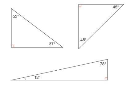 Vivian draws three right triangles. In each figure, she measures a pair of angles-example-1