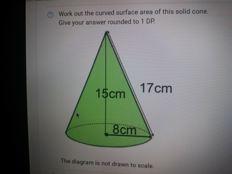 Work out the curved surface area of this solid cone. give your answer rounded to 1 DP-example-1