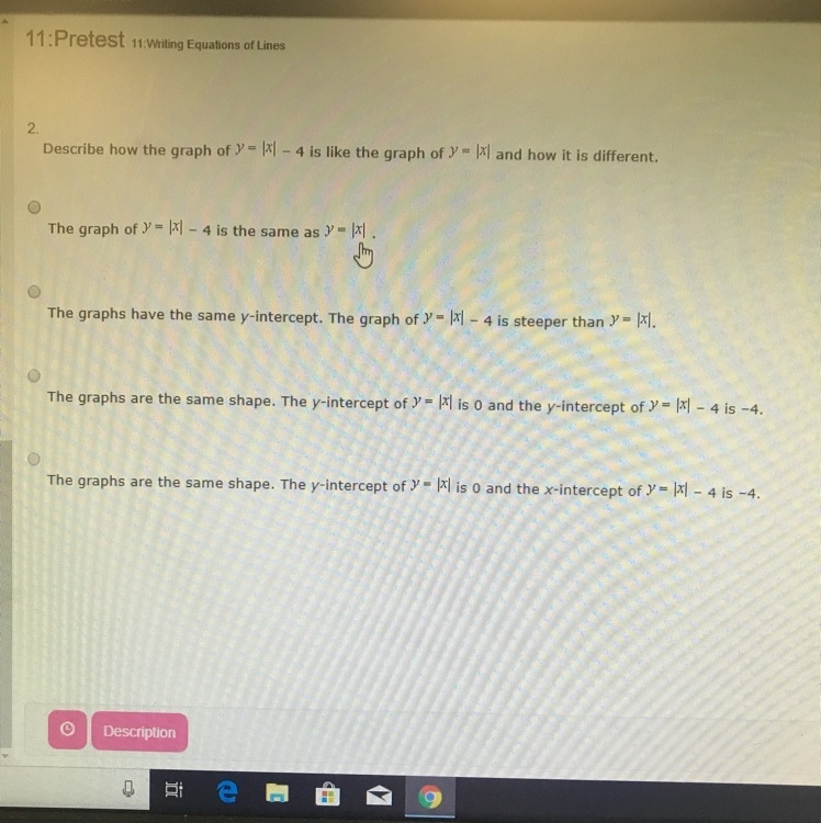 Describe how the graph of y=|x|-4 is like the graph of y=|x| and how it is different-example-1