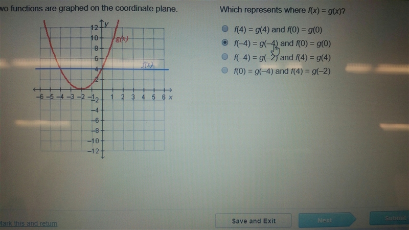 Two functions are graphed on the coordinate plane which represents whete f (x) = g-example-1