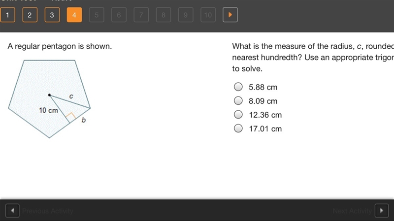 A regular pentagon is shown. What is the measure of the radius, c, rounded to the-example-1