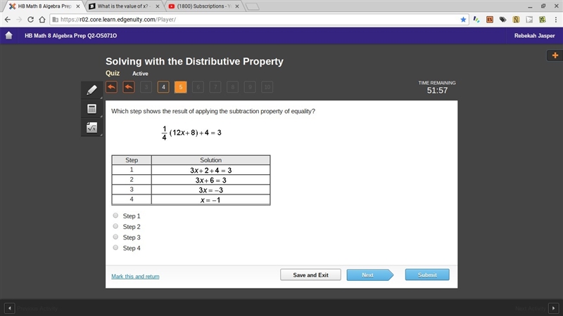 Which step shows the result of applying the subtraction property of equality?-example-1