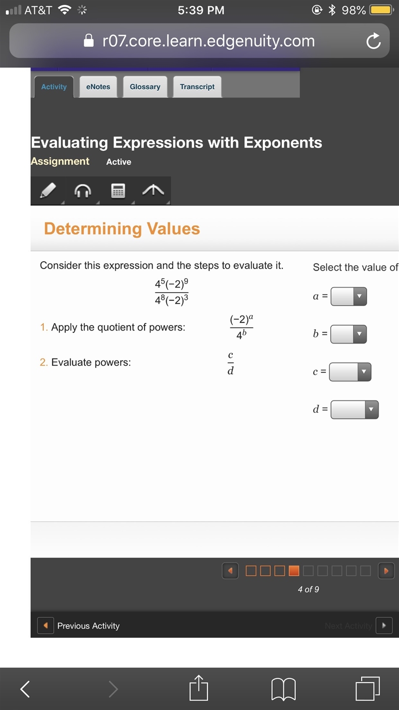 Select the value of each variable.-example-1