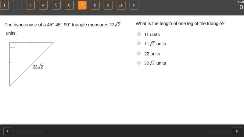 The hypotenuse of a 45°-45°-90° triangle measures 22 2 units. What is the length of-example-1