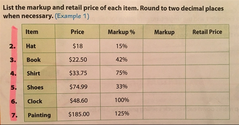 List the markup and retail price of each item. Round to two decimal place when necessary-example-1