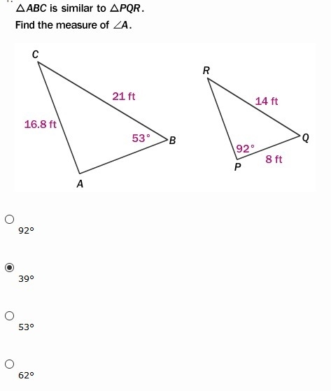 ABC is similar to PQR. Find the measure of A.-example-1