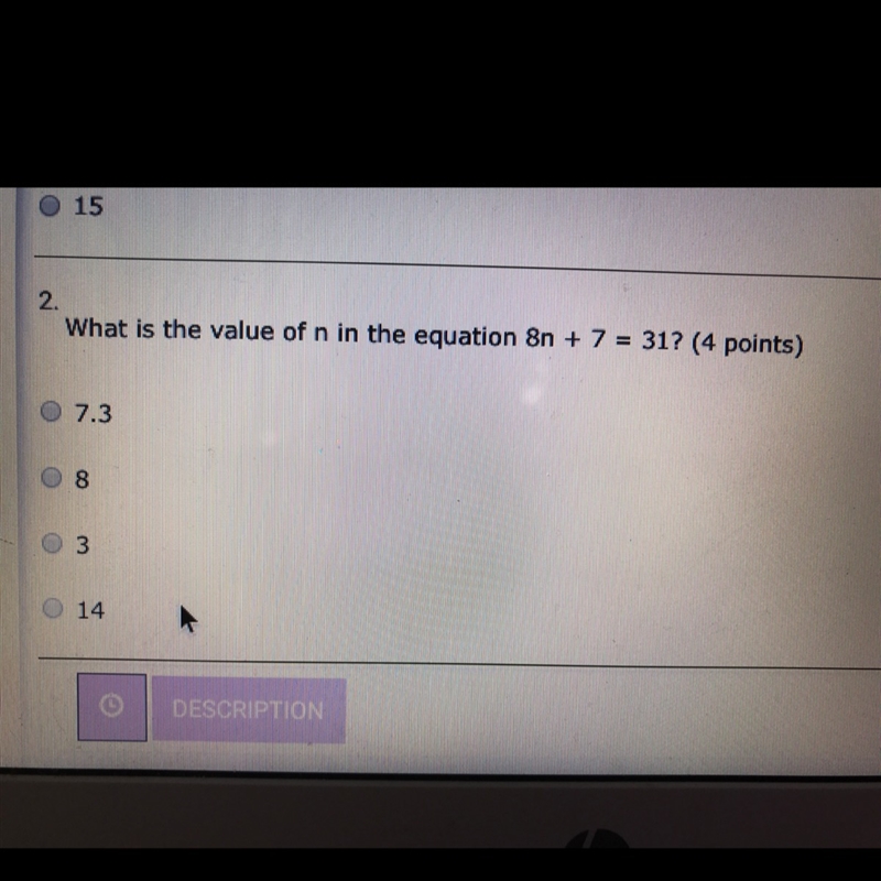 What is the value of n in the equation 8n + 7 =31-example-1