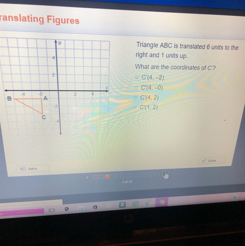 Triangle ABC is translated six units to the right in one unit at what are the coordinates-example-1