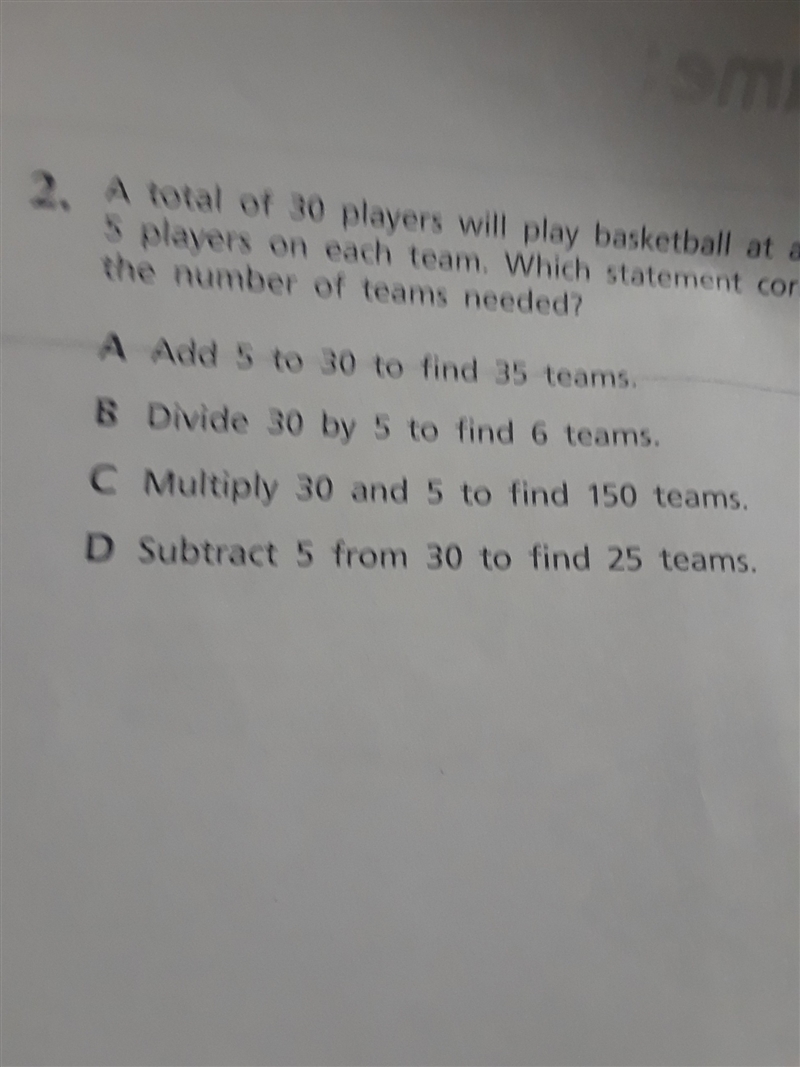 A total of 30 players will play basketball at a park. There will be exactly 5 players-example-1