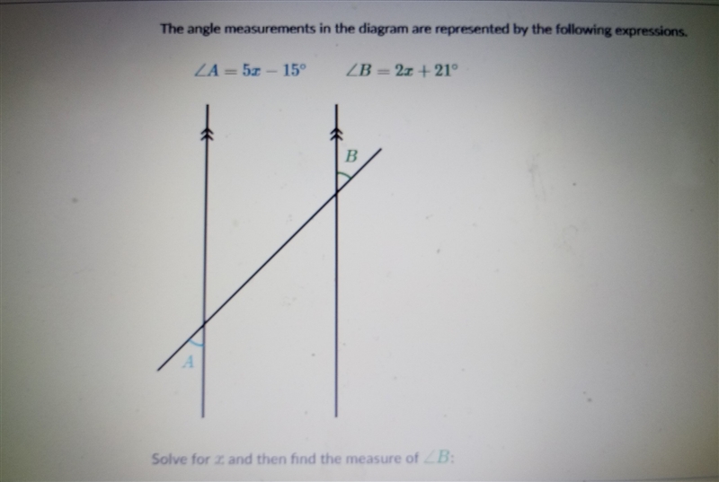 Solve for x and then find the measure of angle b-example-1