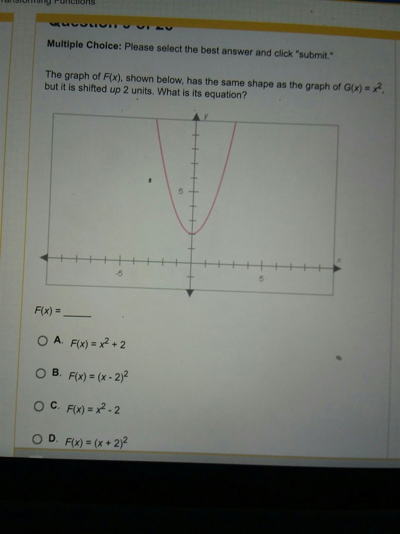 the graph of F(x), shown beliw, has the same shape as the graph of G(x)=x^2 but it-example-1