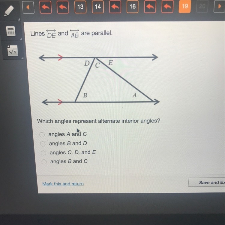 Lines DE and AB are parallel. Which angles represent alternate interior angles?-example-1