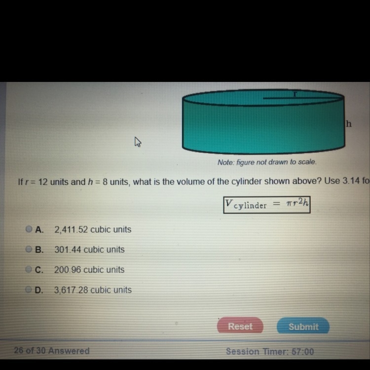 If r=12 units and h=8 units, what is the volume of the cylinder shown above? Use 3.14 for-example-1