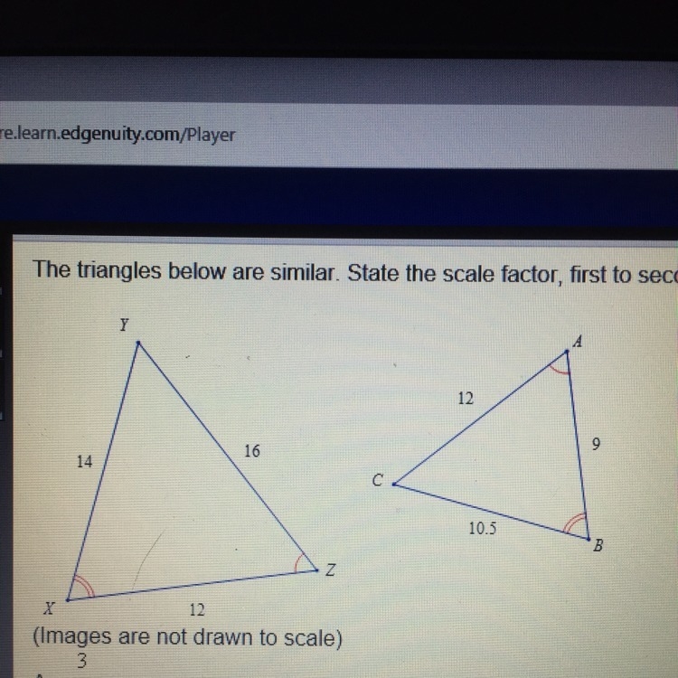 The triangles below are similar. State the scale factor, first to second. (Images-example-1