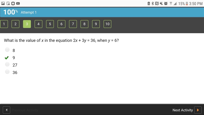 What is the value of x in the equation 2x + 3y = 36, when y = 6? 8 9 27 36 THE ANSWER-example-1