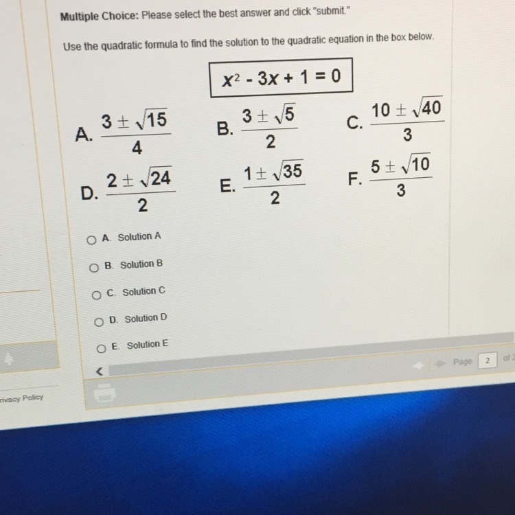 Use the quadratic formula to find the solution to the quadratic equation in the box-example-1