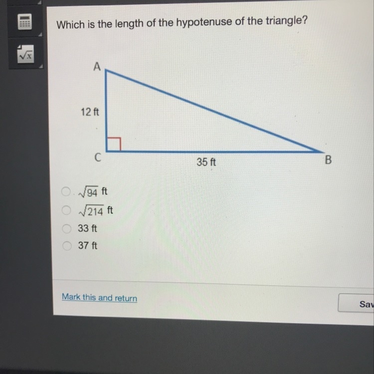 Which is what the length of the hypotenuse of the triangle ?-example-1