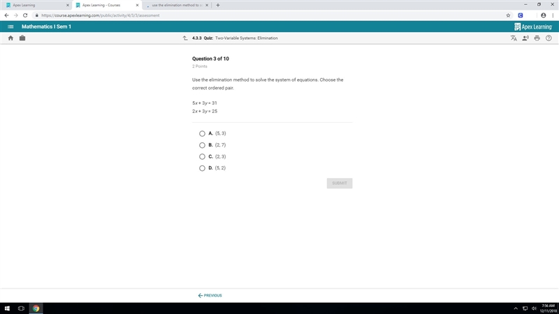 use the elimination method to solve the system of equation. choose the correct ordered-example-1