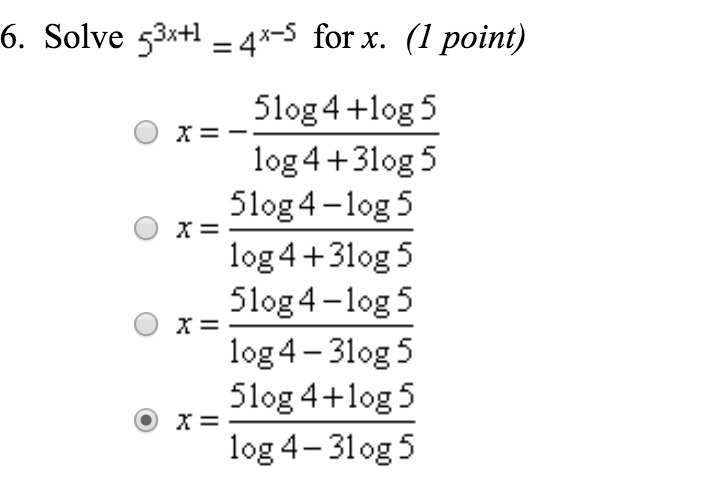 Solve 5^3x+1 = 4^x-5 for x-example-1