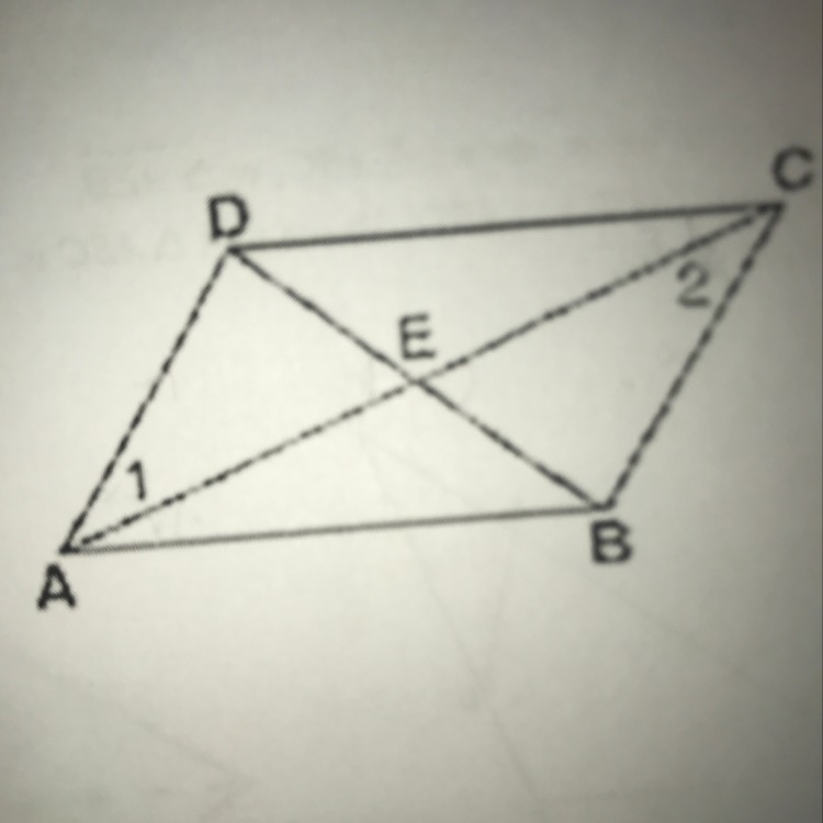 Given: DE bisects AC <1 congruent <2 Prove: ABCD is a parallelogram-example-1