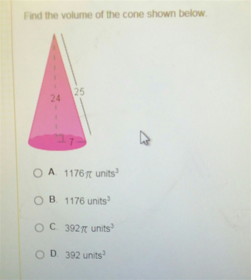 (Photo) Please help me! Find the volume of the cone shown below.-example-1