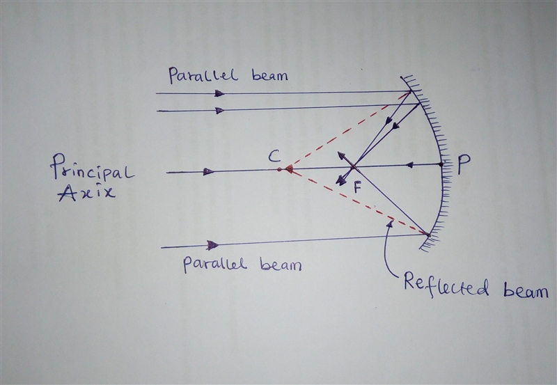 A beam of light that is parallel to the principal axis strikes a concave mirror. what-example-1