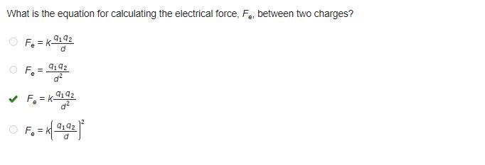 What is the equation for calculating the electrical force, Fe, between two charges-example-1