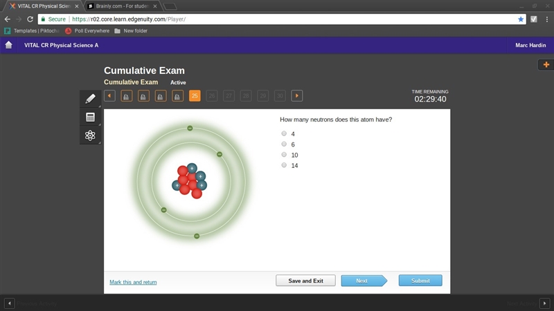 How many Neutrons does this atom have? 4 6 10 14-example-1