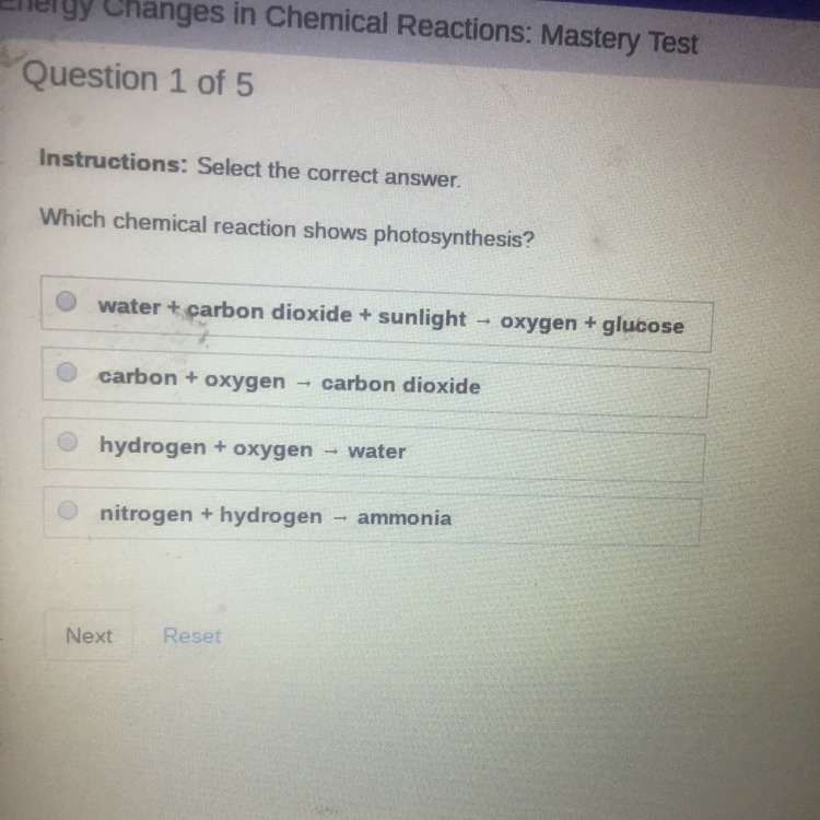 Which chemical reaction shows photosynthesis-example-1