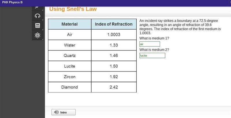 An incident ray strikes a boundary at a 72.5-degree angle, resulting in an angle of-example-1