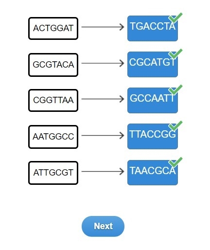 Match the nitrogenous base of RNA with its complement. TTACCGG TAACGCA CGCATGT TGACCTA-example-1